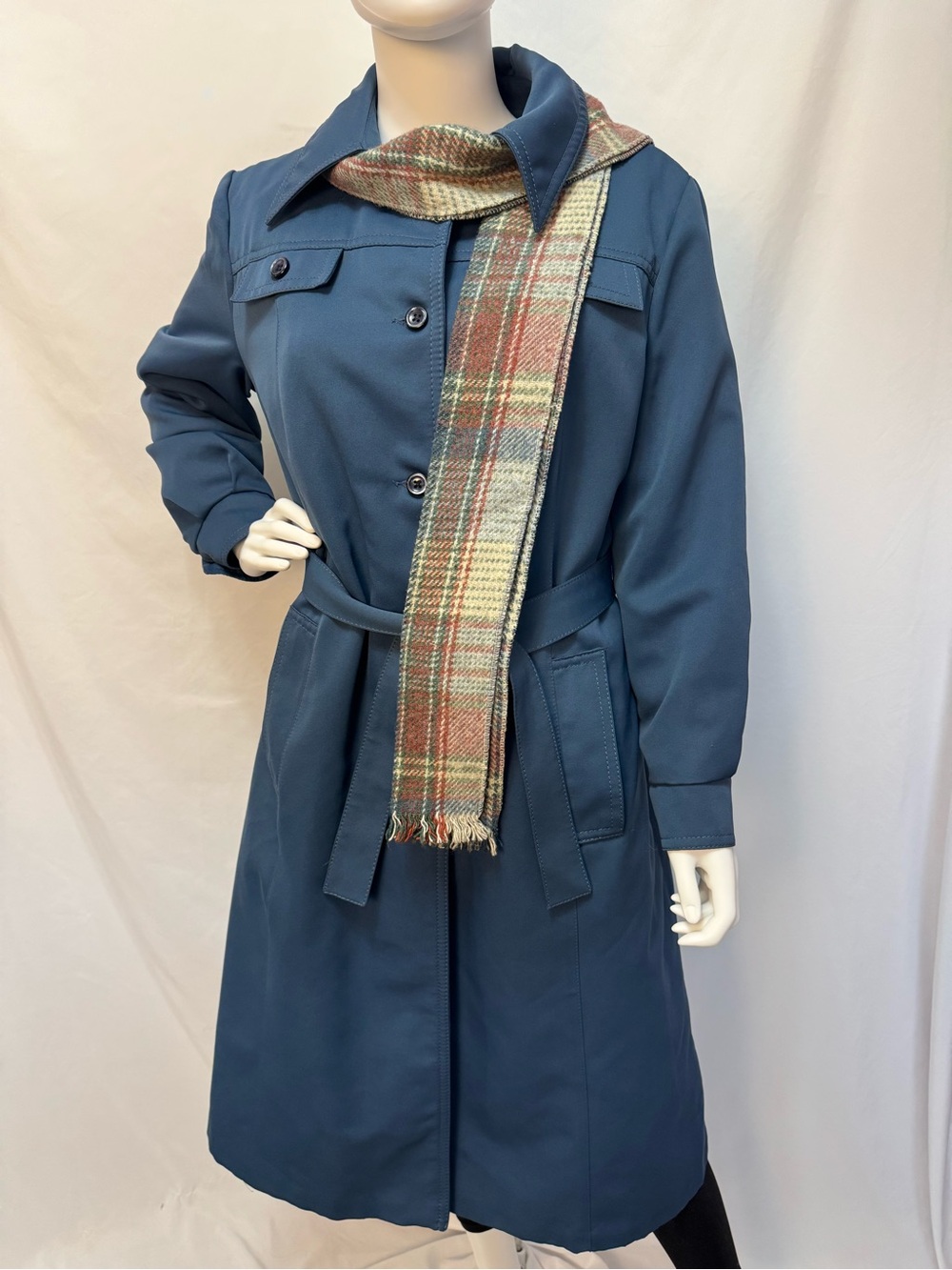 Forecaster of Boston Vintage Steel Slate Blue Belted Trench Coat with Scarf